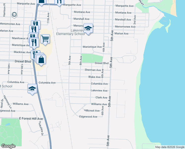 map of restaurants, bars, coffee shops, grocery stores, and more near 621 Blake Avenue in South Milwaukee