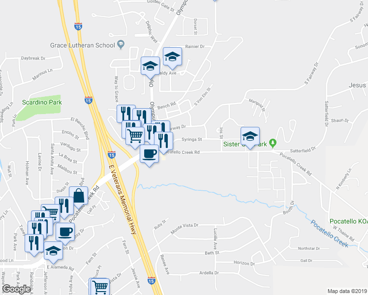 map of restaurants, bars, coffee shops, grocery stores, and more near 1672 Pocatello Creek Road in Pocatello