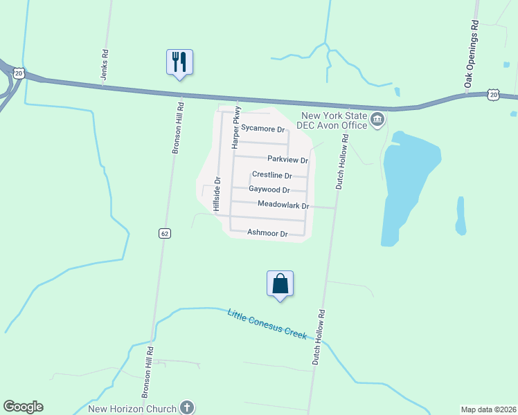 map of restaurants, bars, coffee shops, grocery stores, and more near 80 Hillside Drive in Avon