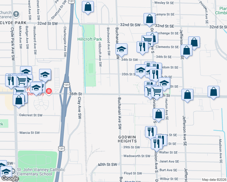 map of restaurants, bars, coffee shops, grocery stores, and more near 211 36th Street Southwest in Grand Rapids