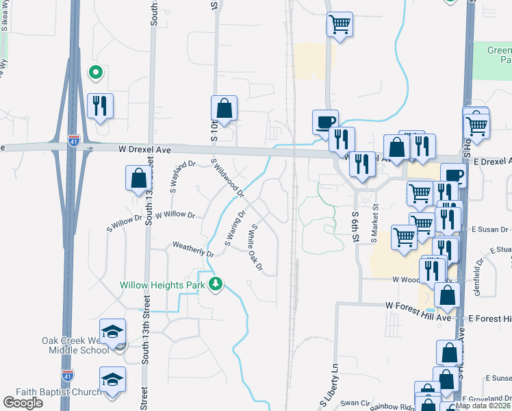 map of restaurants, bars, coffee shops, grocery stores, and more near 8032 South Wildwood Drive in Oak Creek