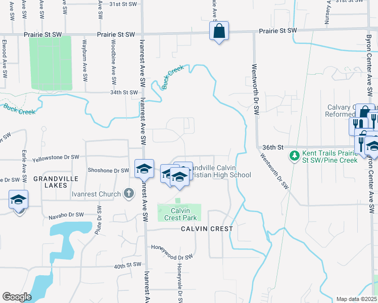 map of restaurants, bars, coffee shops, grocery stores, and more near 3047 Willow Creek Drive Southwest in Grandville