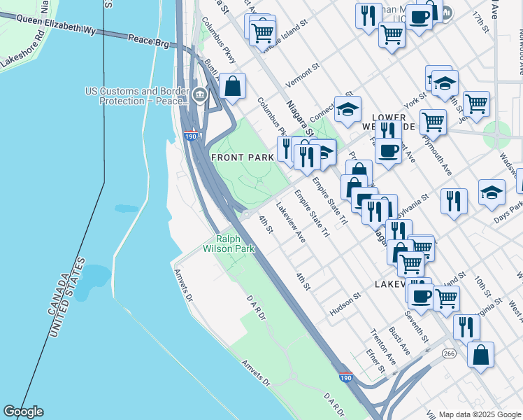 map of restaurants, bars, coffee shops, grocery stores, and more near 640 4th Street in Buffalo