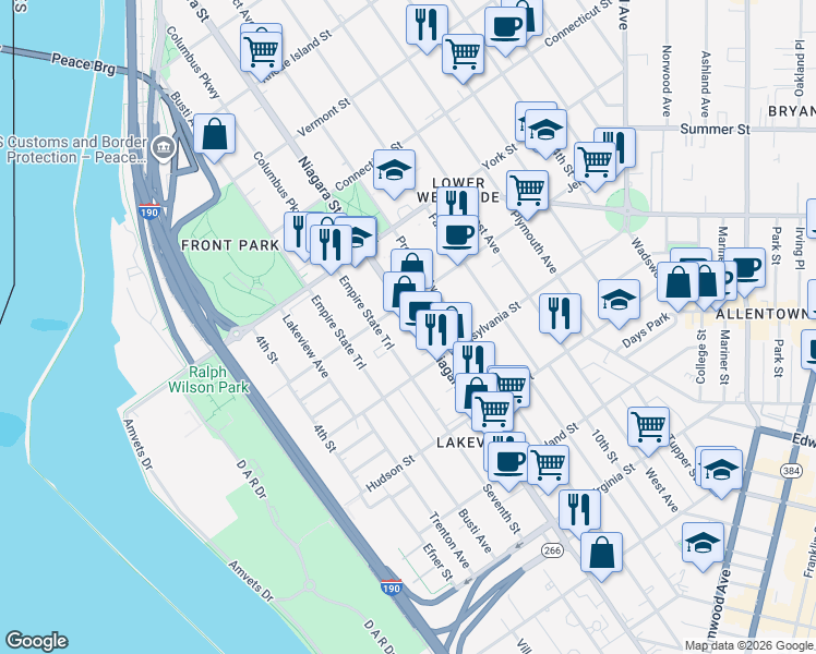 map of restaurants, bars, coffee shops, grocery stores, and more near 497 7th Street in Buffalo