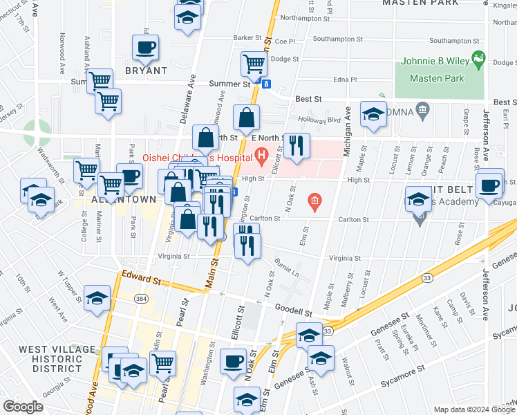 map of restaurants, bars, coffee shops, grocery stores, and more near 760 Ellicott Street in Buffalo