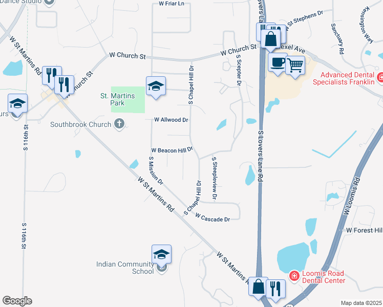 map of restaurants, bars, coffee shops, grocery stores, and more near 10519 Beacon Hill Court East in Franklin