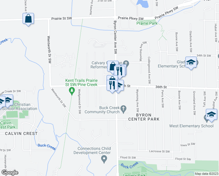 map of restaurants, bars, coffee shops, grocery stores, and more near 2422 36th Street Southwest in Wyoming