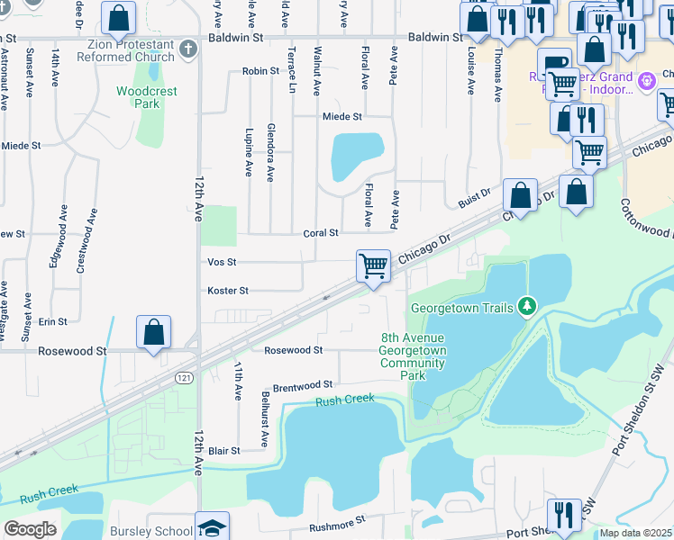 map of restaurants, bars, coffee shops, grocery stores, and more near 938 Vos Street in Georgetown Township