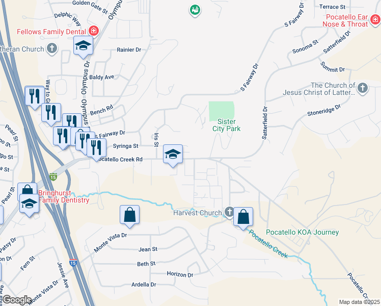 map of restaurants, bars, coffee shops, grocery stores, and more near 16 Freeman Lane in Pocatello