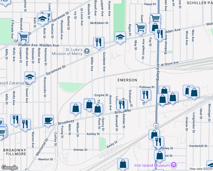 map of restaurants, bars, coffee shops, grocery stores, and more near 90 Goodyear Avenue in Buffalo