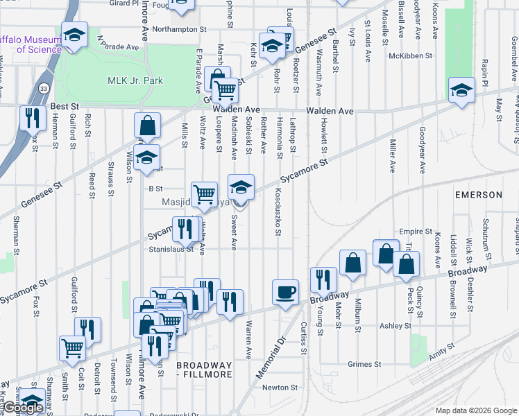 map of restaurants, bars, coffee shops, grocery stores, and more near 149 Sobieski Street in Buffalo