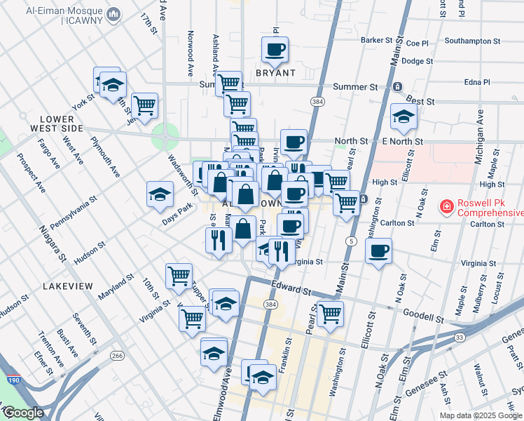 map of restaurants, bars, coffee shops, grocery stores, and more near 58 Park Street in Buffalo