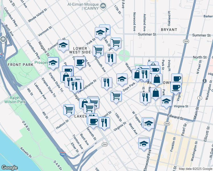 map of restaurants, bars, coffee shops, grocery stores, and more near 220 West Avenue in Buffalo