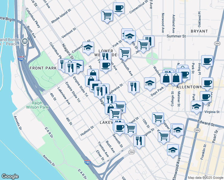 map of restaurants, bars, coffee shops, grocery stores, and more near 388 Prospect Avenue in Buffalo