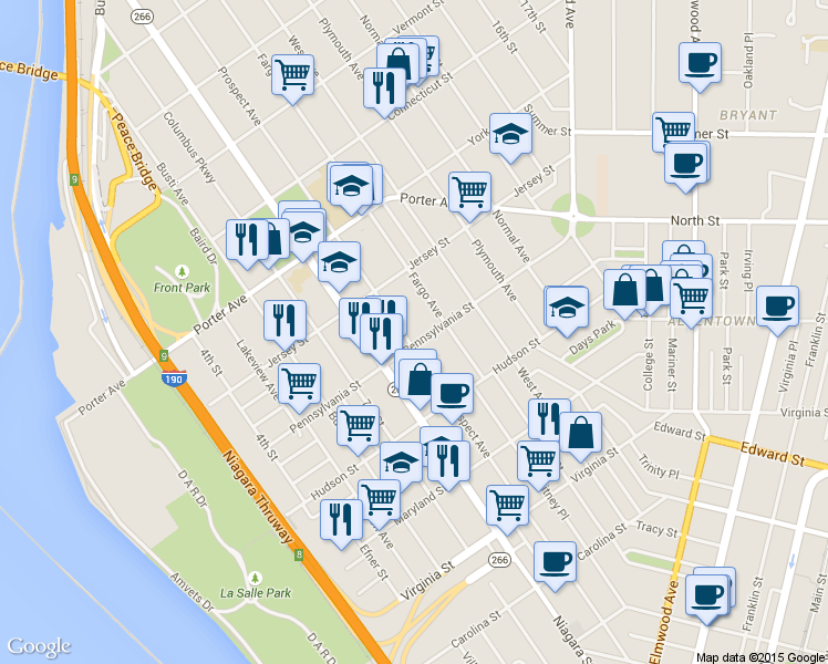 map of restaurants, bars, coffee shops, grocery stores, and more near 388 Prospect Avenue in Buffalo