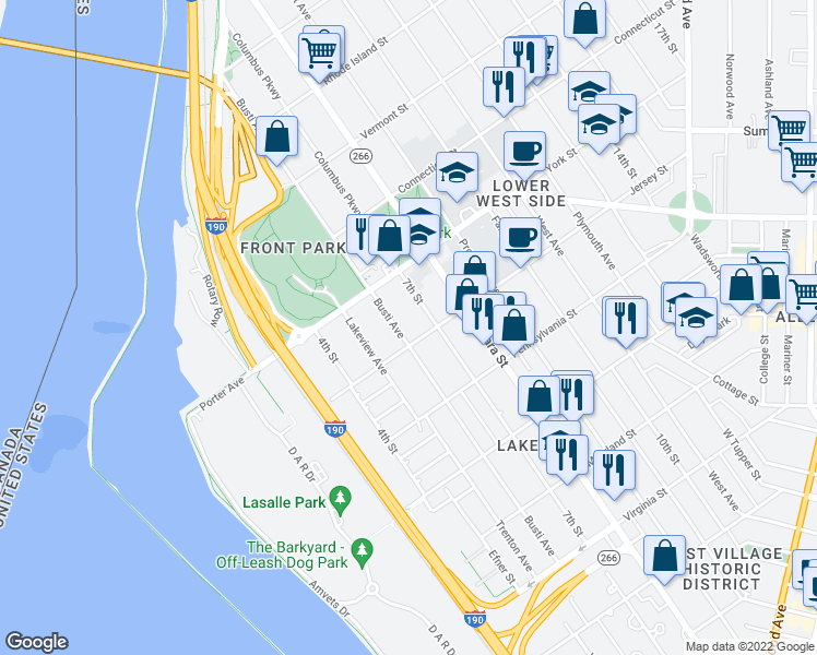 map of restaurants, bars, coffee shops, grocery stores, and more near 509 Busti Avenue in Buffalo