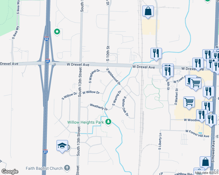 map of restaurants, bars, coffee shops, grocery stores, and more near 8028 South Wake Forest Drive in Oak Creek