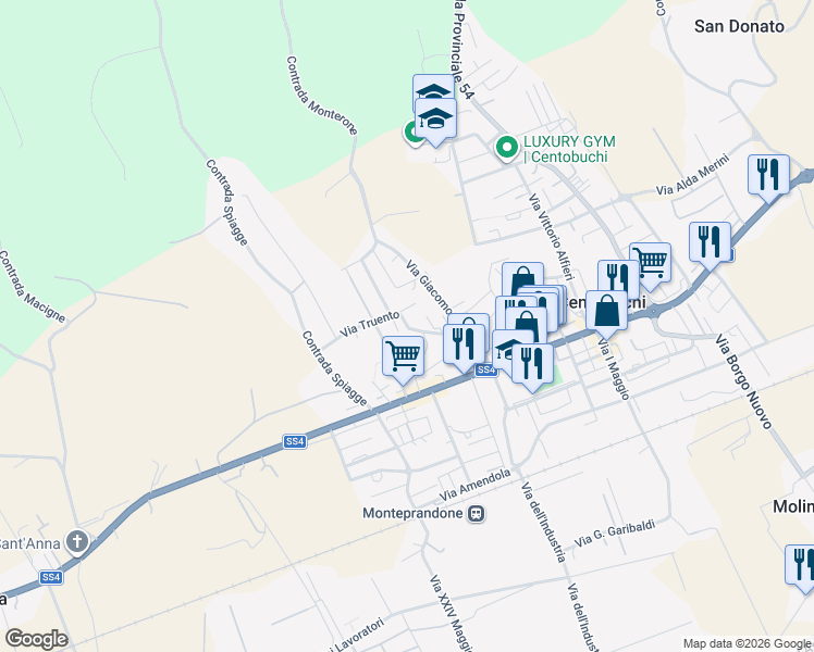 map of restaurants, bars, coffee shops, grocery stores, and more near 112 Via Truento in Centobuchi