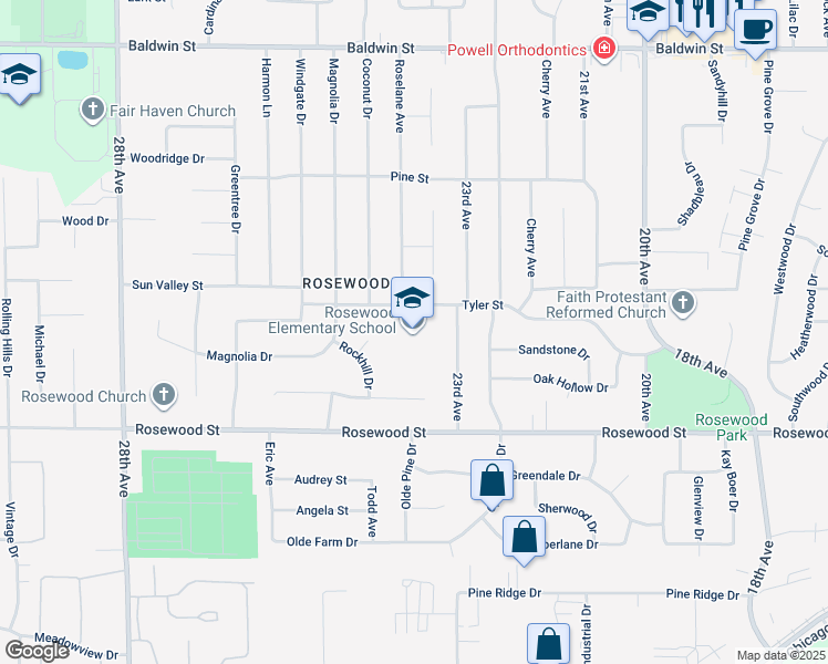 map of restaurants, bars, coffee shops, grocery stores, and more near 2370 Tyler Street in Georgetown Township