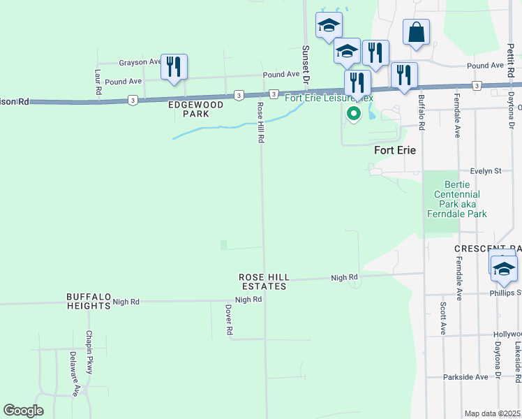 map of restaurants, bars, coffee shops, grocery stores, and more near 887 Rose Hill Road in Fort Erie