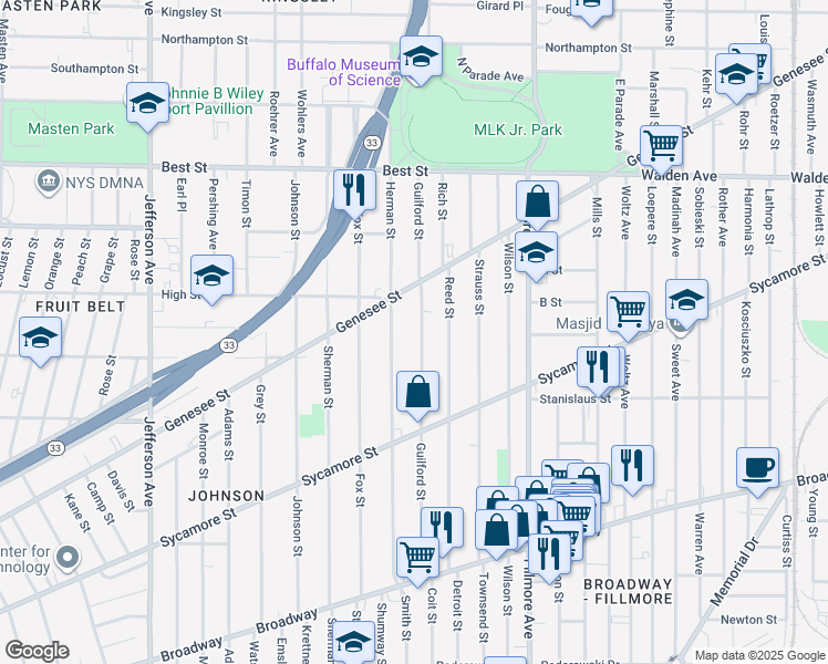 map of restaurants, bars, coffee shops, grocery stores, and more near 258 Guilford Street in Buffalo