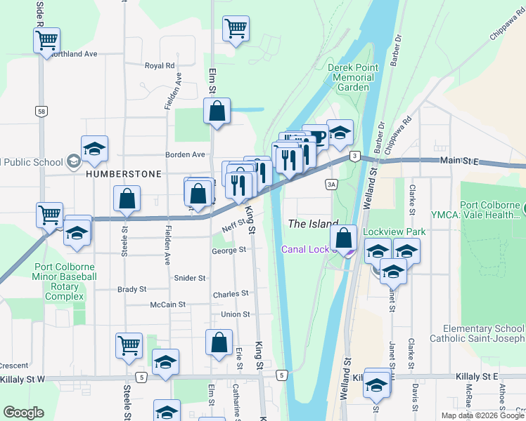 map of restaurants, bars, coffee shops, grocery stores, and more near in Port Colborne