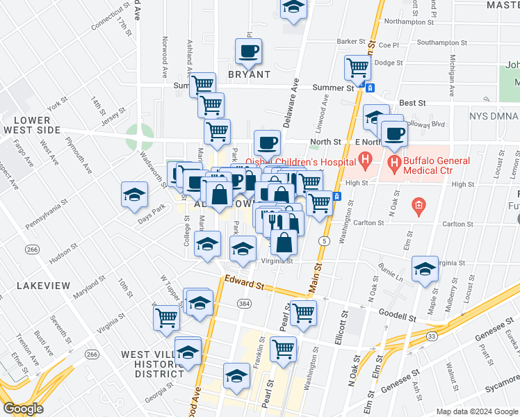 map of restaurants, bars, coffee shops, grocery stores, and more near 534 Delaware Avenue in Buffalo