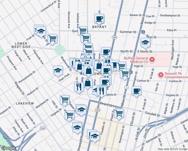 map of restaurants, bars, coffee shops, grocery stores, and more near 58 Park Street in Buffalo