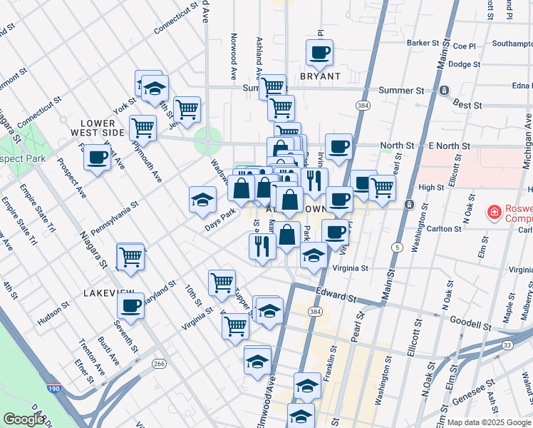 map of restaurants, bars, coffee shops, grocery stores, and more near 60 College Street in Buffalo