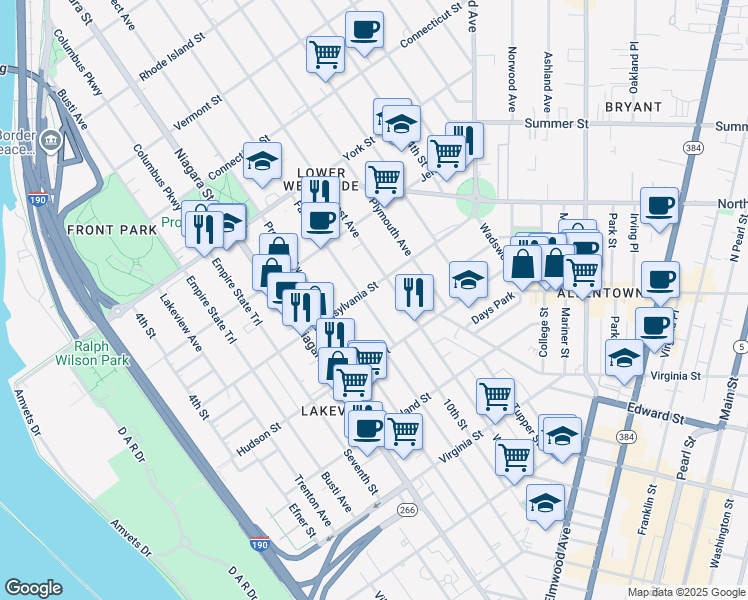 map of restaurants, bars, coffee shops, grocery stores, and more near 36 Fargo Avenue in Buffalo