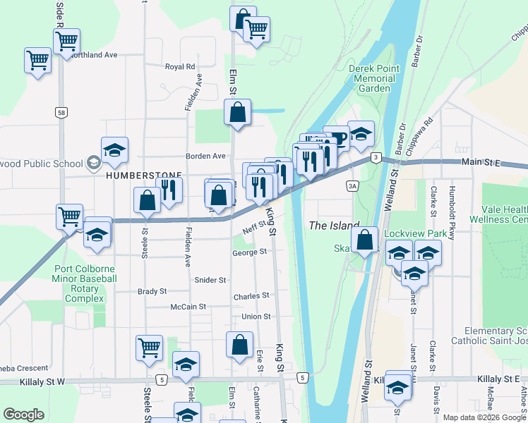 map of restaurants, bars, coffee shops, grocery stores, and more near 804 King Street in Port Colborne