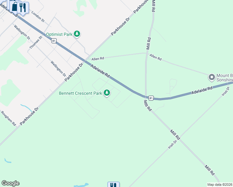 map of restaurants, bars, coffee shops, grocery stores, and more near 495 Bennett Crescent in Mount Brydges