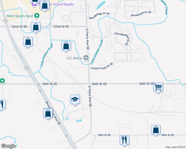 map of restaurants, bars, coffee shops, grocery stores, and more near 3981 East Paris Avenue South East in Grand Rapids