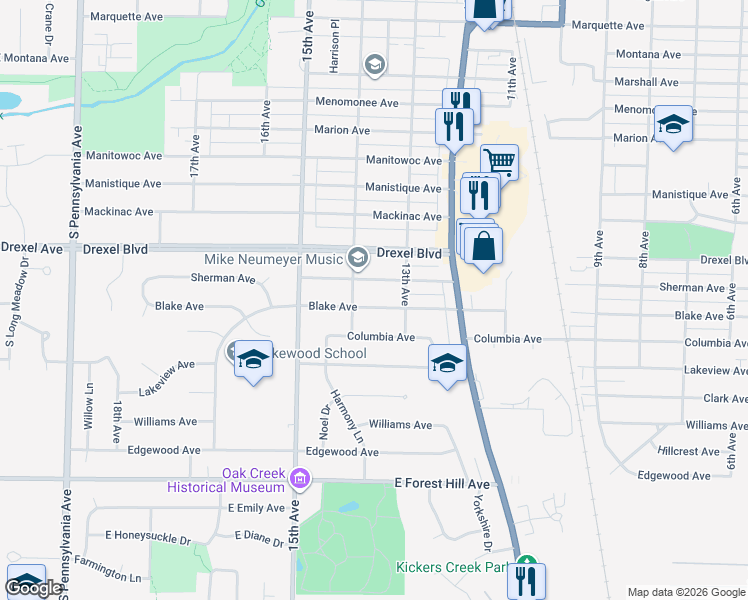 map of restaurants, bars, coffee shops, grocery stores, and more near 1312 Columbia Avenue in South Milwaukee