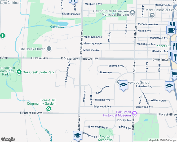 map of restaurants, bars, coffee shops, grocery stores, and more near 3324 Sanctuary Drive in South Milwaukee