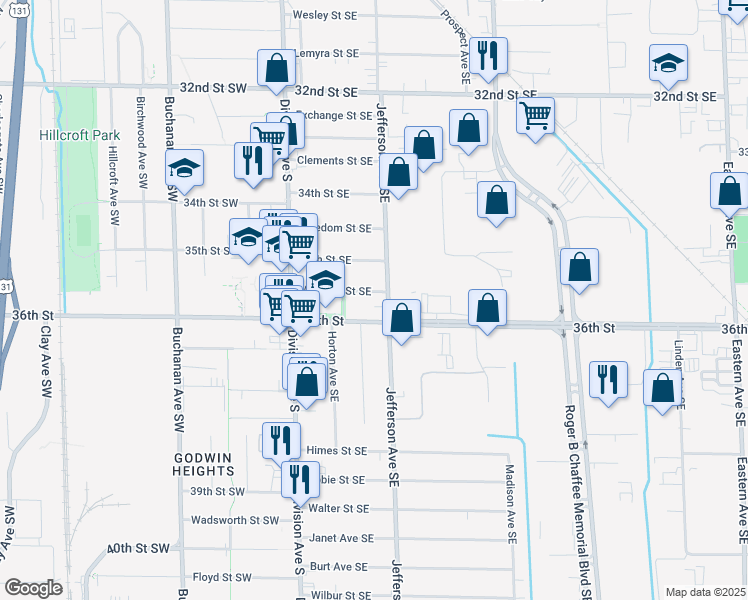 map of restaurants, bars, coffee shops, grocery stores, and more near 154 Wexford Street Southeast in Grand Rapids