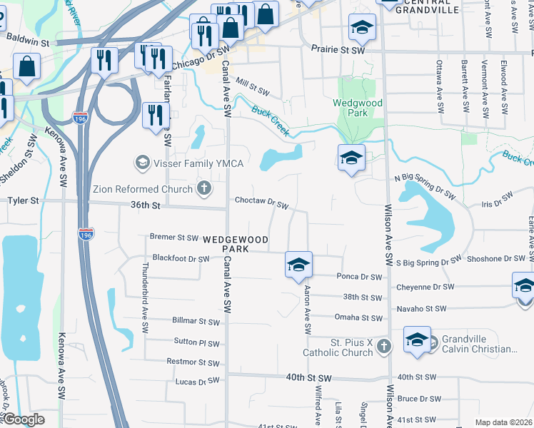 map of restaurants, bars, coffee shops, grocery stores, and more near 3651 Pawnee Drive Southwest in Grandville