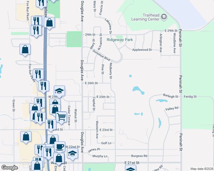 map of restaurants, bars, coffee shops, grocery stores, and more near 200-398 E 25th St in Yankton