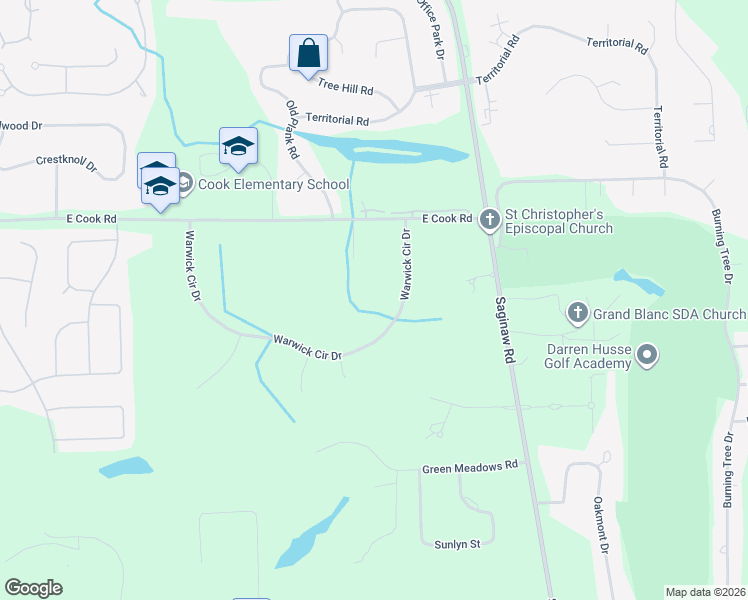 map of restaurants, bars, coffee shops, grocery stores, and more near 4545 Warwick Circle Drive in Grand Blanc