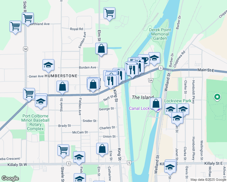 map of restaurants, bars, coffee shops, grocery stores, and more near 832 King Street in Port Colborne
