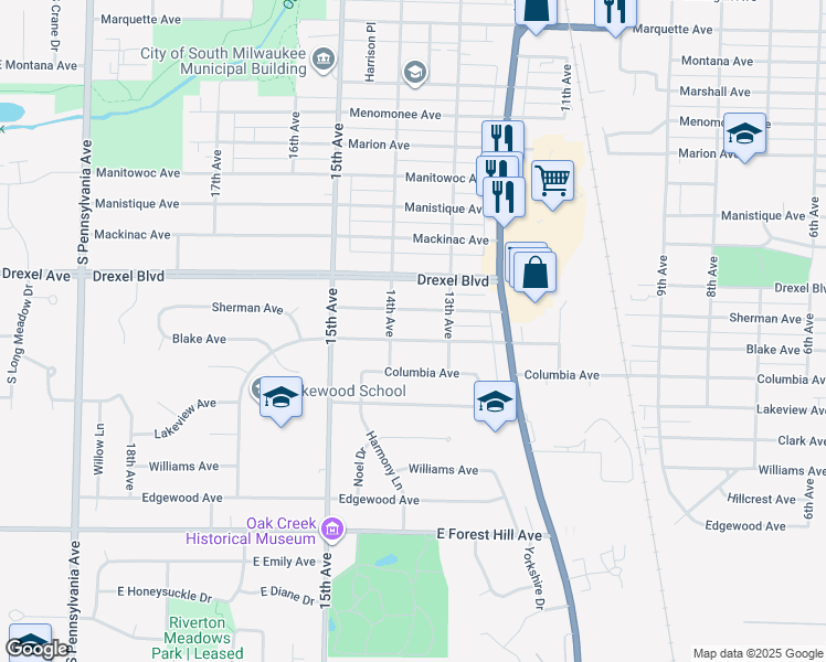 map of restaurants, bars, coffee shops, grocery stores, and more near 1312 Columbia Avenue in South Milwaukee
