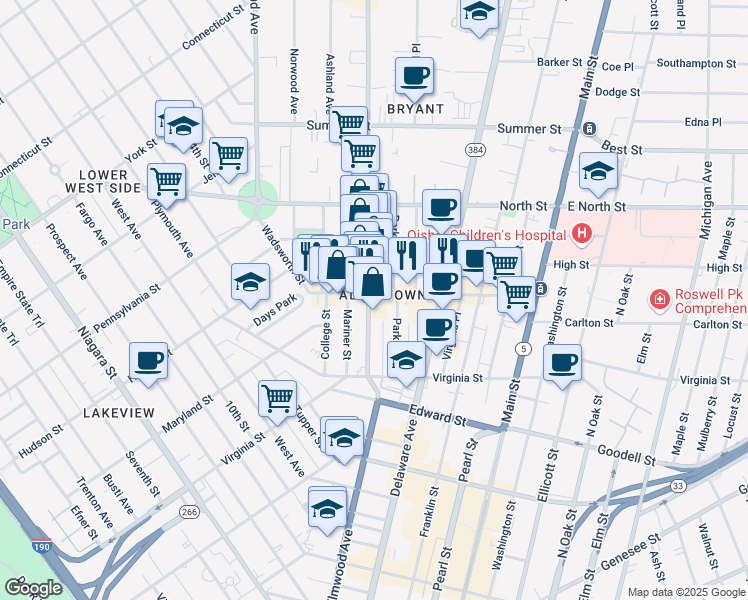 map of restaurants, bars, coffee shops, grocery stores, and more near 116 Elmwood Avenue in Buffalo