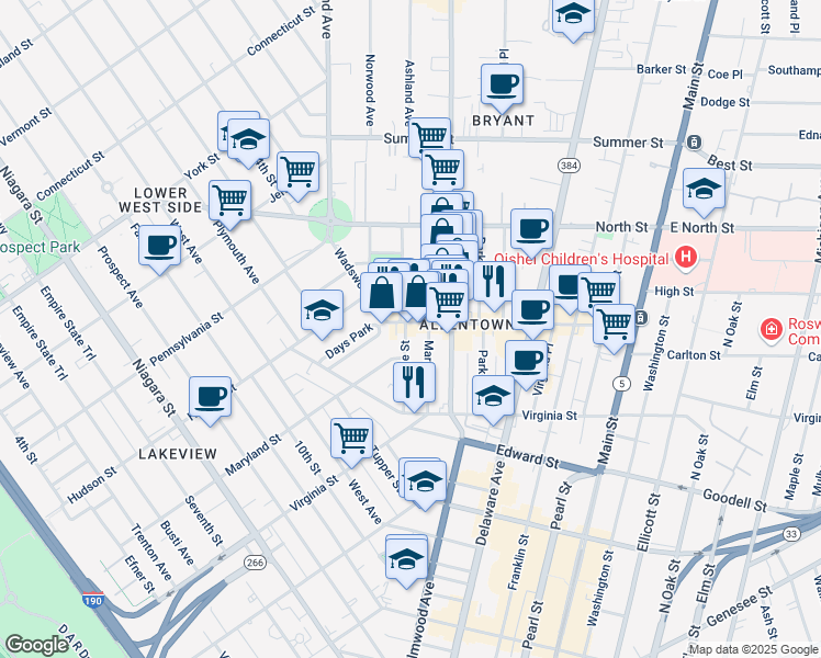 map of restaurants, bars, coffee shops, grocery stores, and more near 228 Allen Street in Buffalo