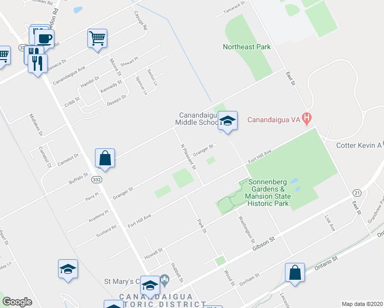 map of restaurants, bars, coffee shops, grocery stores, and more near 279 North Pleasant Street in Canandaigua