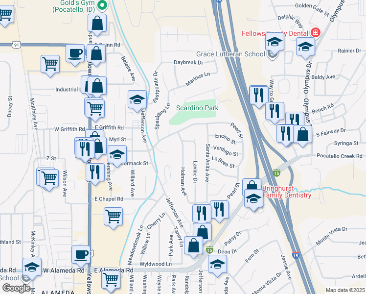 map of restaurants, bars, coffee shops, grocery stores, and more near 1412 Lavine Drive in Pocatello