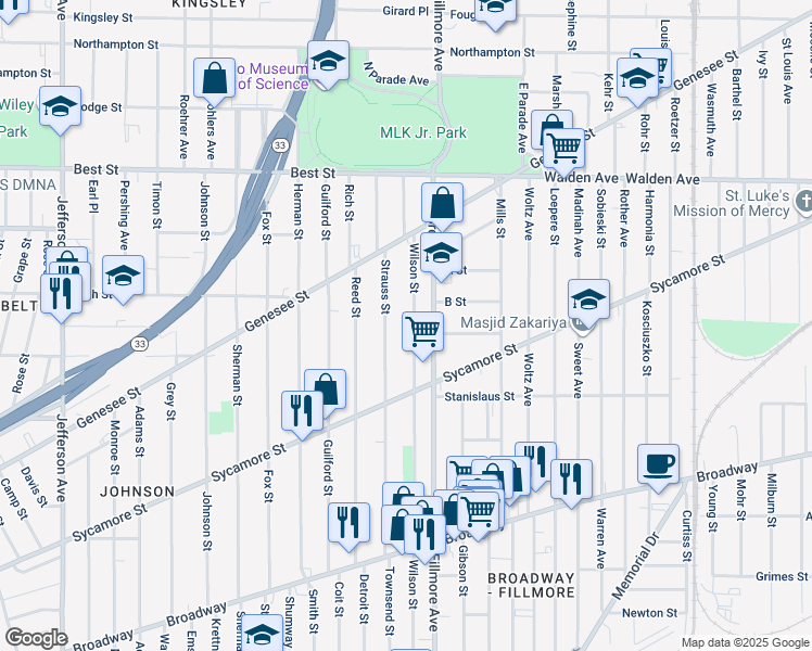 map of restaurants, bars, coffee shops, grocery stores, and more near 540 Wilson Street in Buffalo