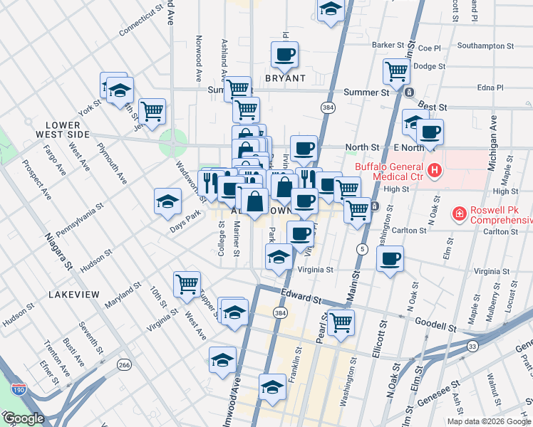 map of restaurants, bars, coffee shops, grocery stores, and more near 140 Allen Street in Buffalo