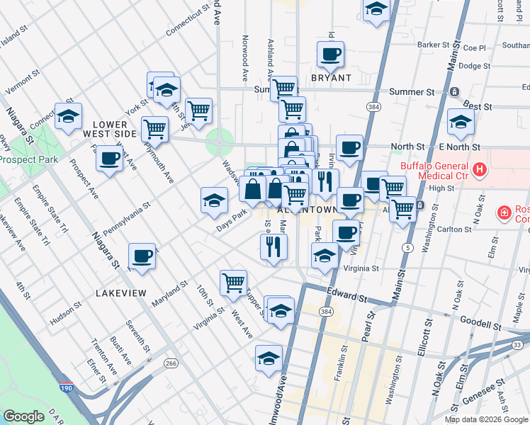 map of restaurants, bars, coffee shops, grocery stores, and more near 111 College Street in Buffalo