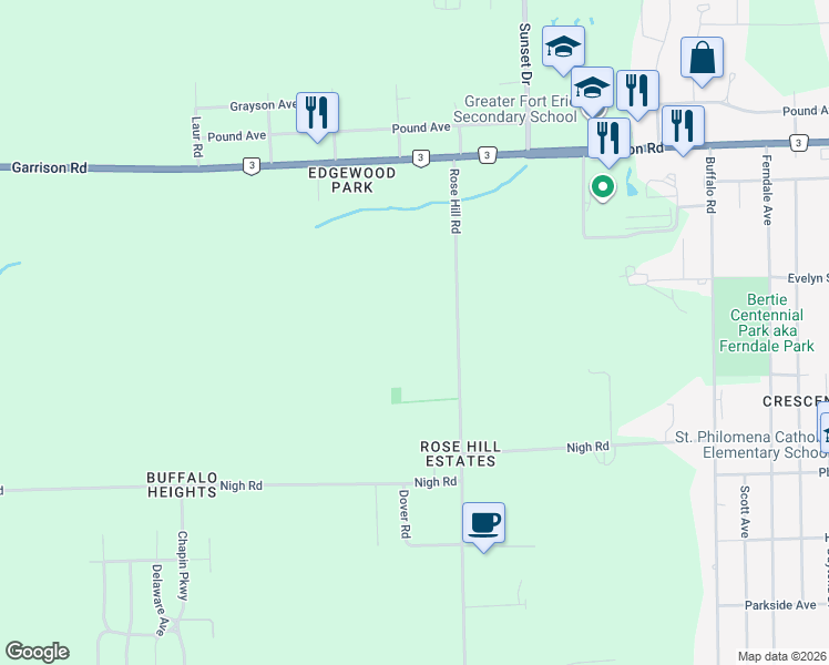 map of restaurants, bars, coffee shops, grocery stores, and more near 909 Rose Hill Road in Fort Erie