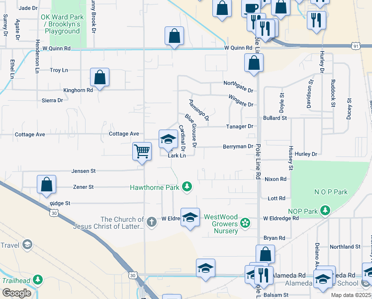 map of restaurants, bars, coffee shops, grocery stores, and more near 3710 Cardinal Drive in Pocatello